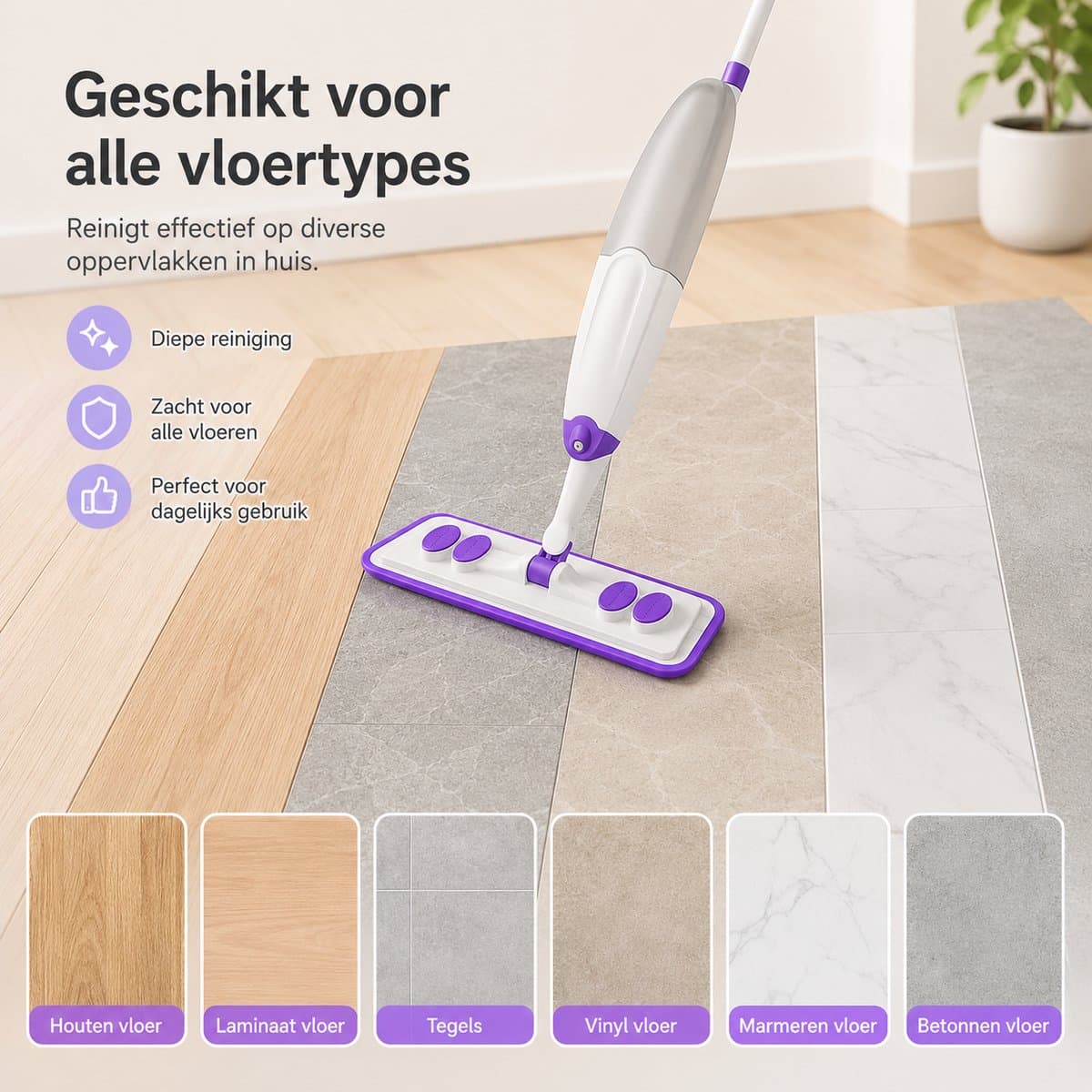 BOTC Dweil - 2 IN 1 Mop - Dweilsysteem - Compatibel met stofwisdoeken - Dweilset Met Spray functie - Dweilen zonder Emmer - Vloerreiniger - Paars thumbnail 4