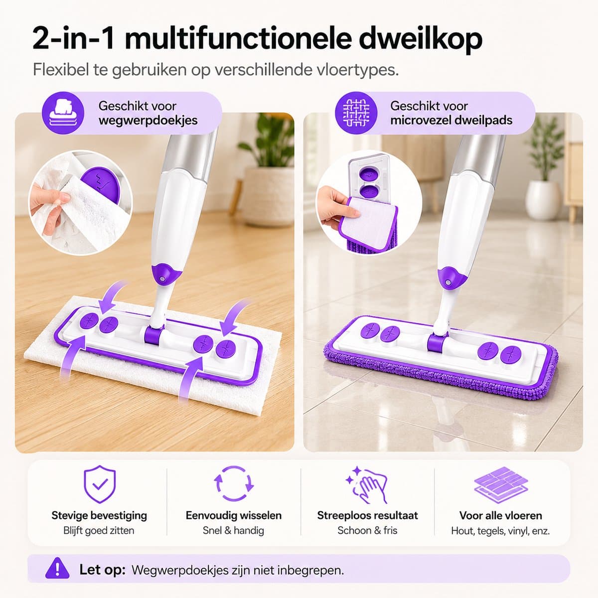 BOTC Dweil - 2 IN 1 Mop - Dweilsysteem - Compatibel met stofwisdoeken - Dweilset Met Spray functie - Dweilen zonder Emmer - Vloerreiniger - Paars thumbnail 5