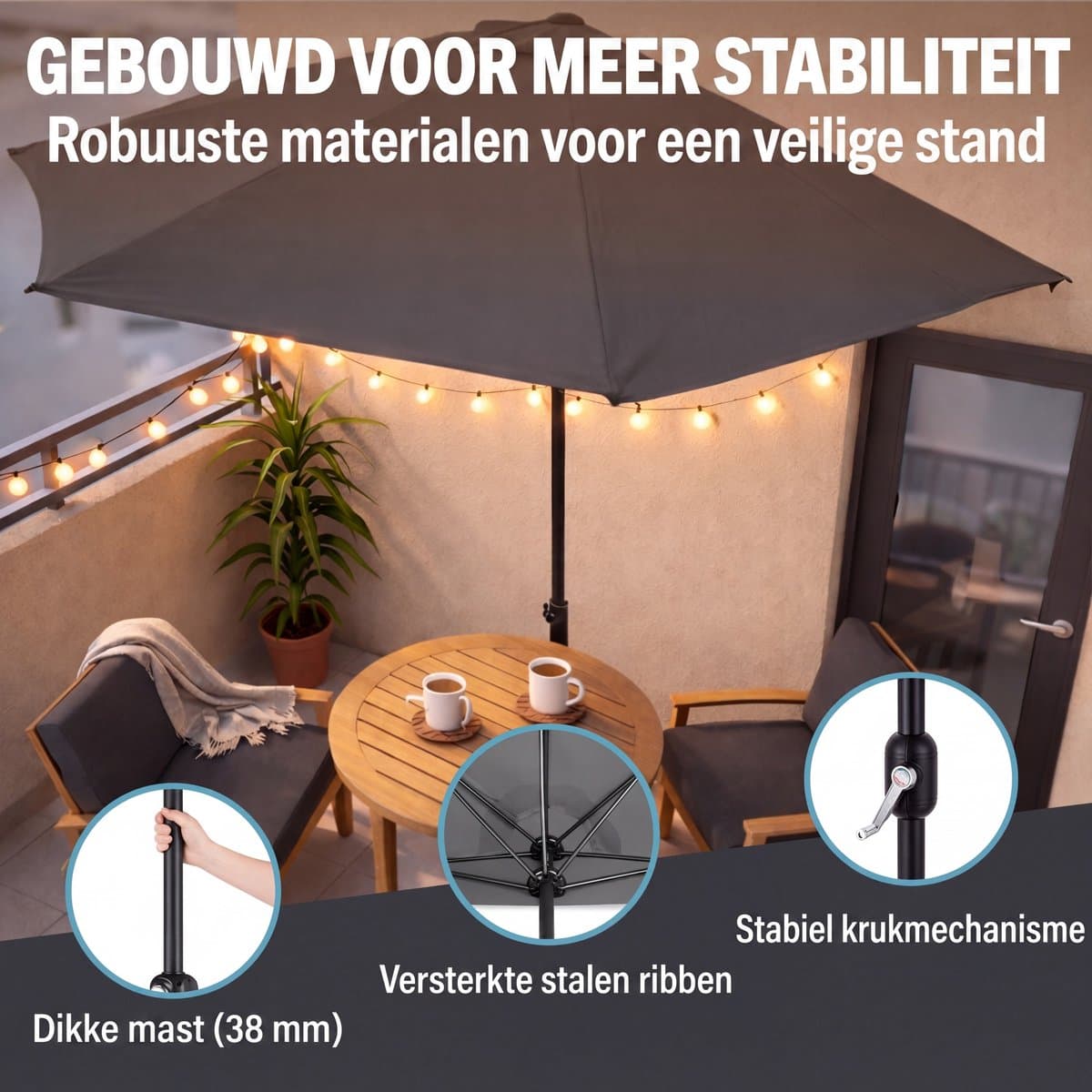 Kingsleeve Halfronde Balkonparasol – 270 cm UV50+ Antraciet thumbnail 2