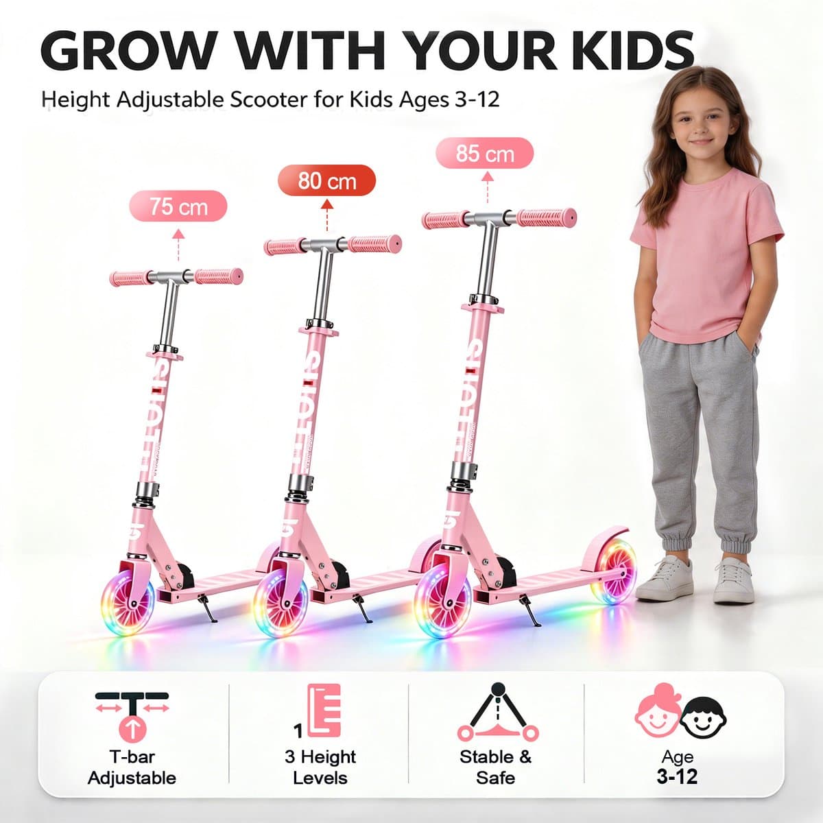 Suotu Kinderstep - 145mm Lichtgevende Wielen - Step - Speelgoed Jongens/Meisjes - Max stuurhoogte: 85 cm - Aluminium - Roze thumbnail 6