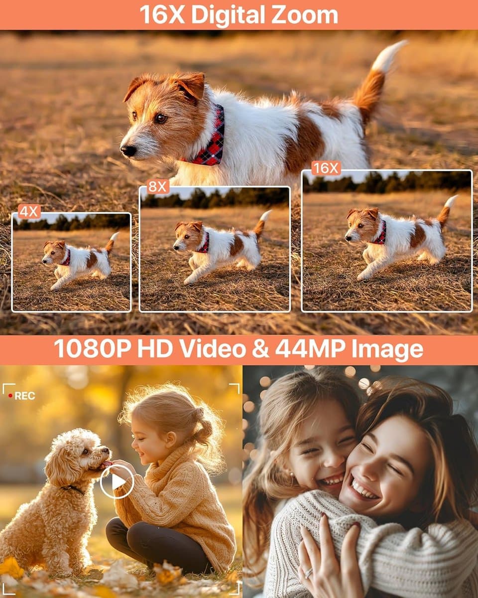 Digitale camera 1080p 44MP fototoestel met 16X digitale zoom, vlogging apparaat compact met 2,4 inch lcd-scherm, 32G micro-geheugenkaart, 1 accu voor kinderen, tieners, studenten thumbnail 4