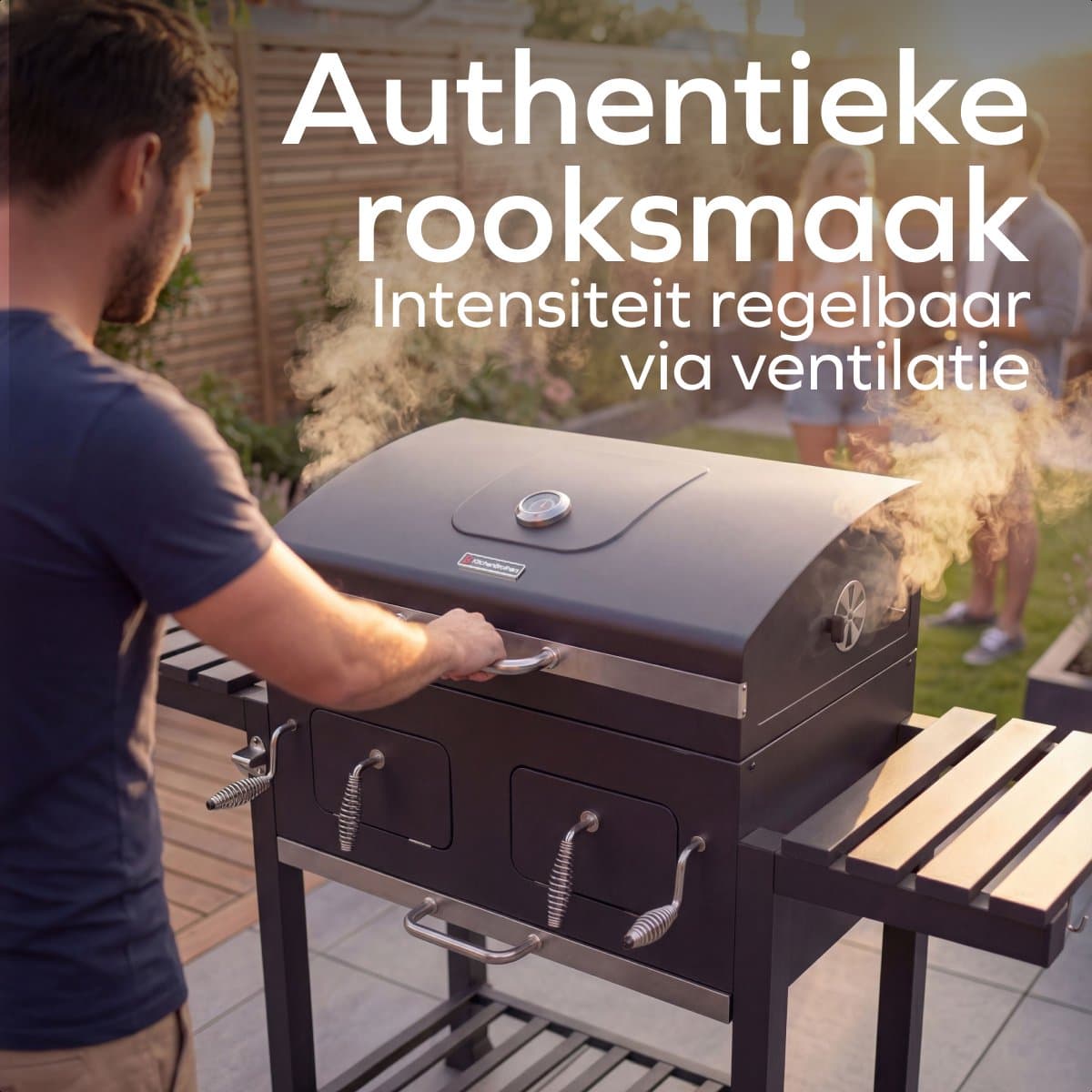 KitchenBrothers Houtskool BBQ XL - Dual Zone Smoker Barbecue - Met Verstelbare Kolenroosters & Inklapbare Zijtafels - PFAS-vrij - 42,3x75,8cm Grilloppervlak - Vaderdag Cadeau - Zwart thumbnail 6