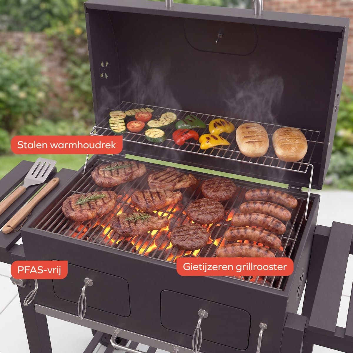 KitchenBrothers Houtskool BBQ XL - Dual Zone Smoker Barbecue - Met Verstelbare Kolenroosters & Inklapbare Zijtafels - PFAS-vrij - 42,3x75,8cm Grilloppervlak - Vaderdag Cadeau - Zwart thumbnail 4