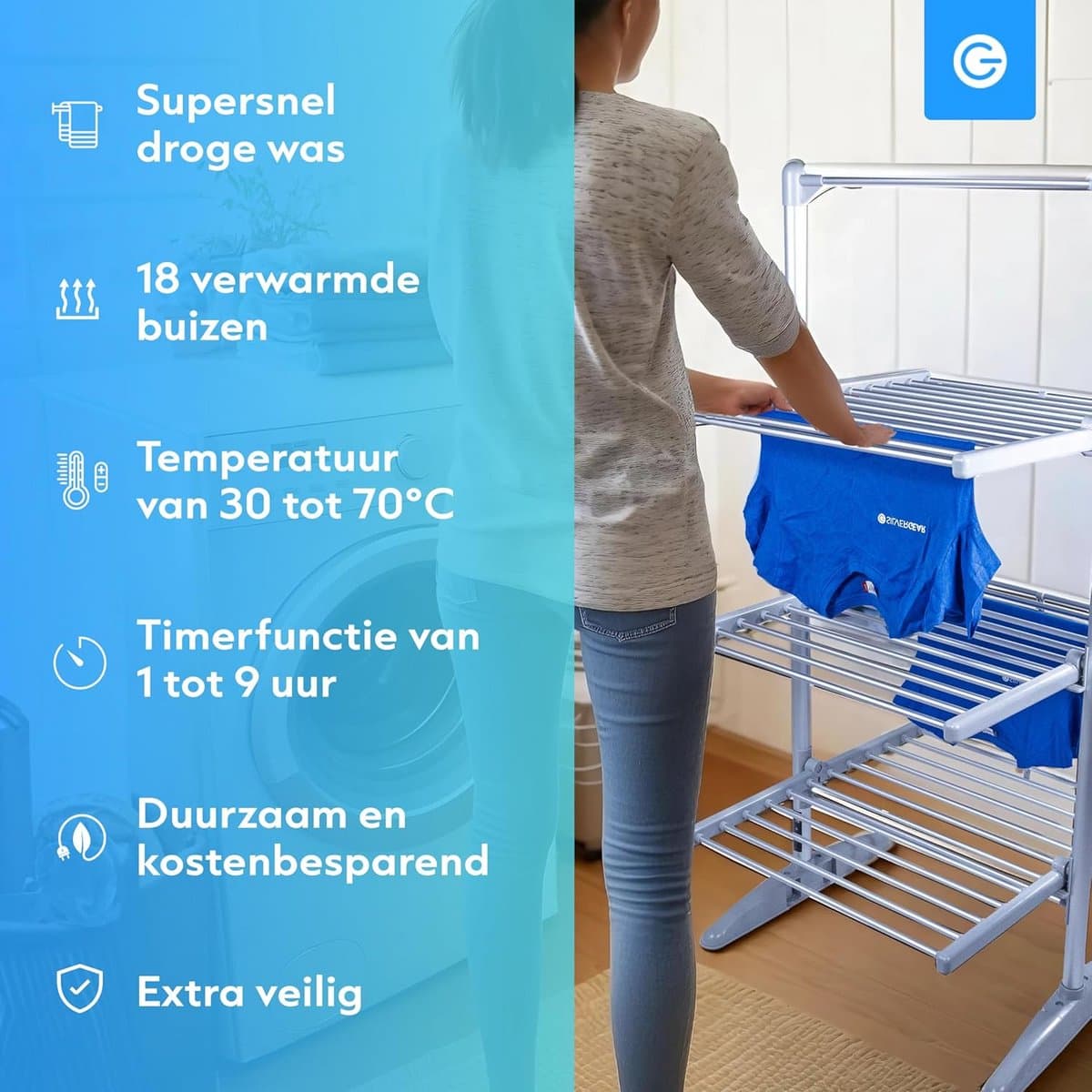 Elektrische Droogtoren - Verwarmd Rek - Kleding Drogen - 4 Opvouwbare Lagen - 73x70x147cm - Grijs thumbnail 7