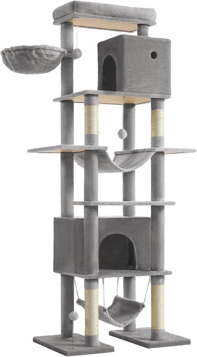 Feandrea krabpaal groot, krabpaal XXL, kattenkrabpaal met meerdere verdiepingen, 201 cm hoog, met een platform, een ligbak, 2 kattenholen, 2 hangmatten, anti-tip bescherming, lichtgrijs