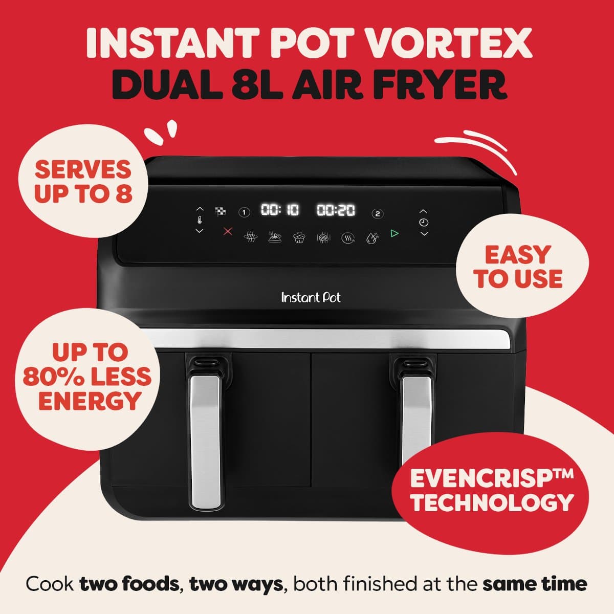 Instant Pot Vortex Dual Drawer 8L Airfryer – Dubbele Airfryer met 2x 4L Laden – SyncCook™ & SyncFinish™ – ClearCook – 8-in-1 – Tot 205°C – Vaatwasserbestendig thumbnail 3