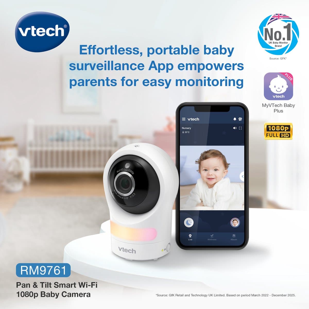 VTech RM4761 Smart video babyfoon met camera - 3.5 inch Scherm - 1080p Full HD - Pan & tilt - Zoom - Wi-Fi - Nachtlampje - Terugspreekfunctie thumbnail 3