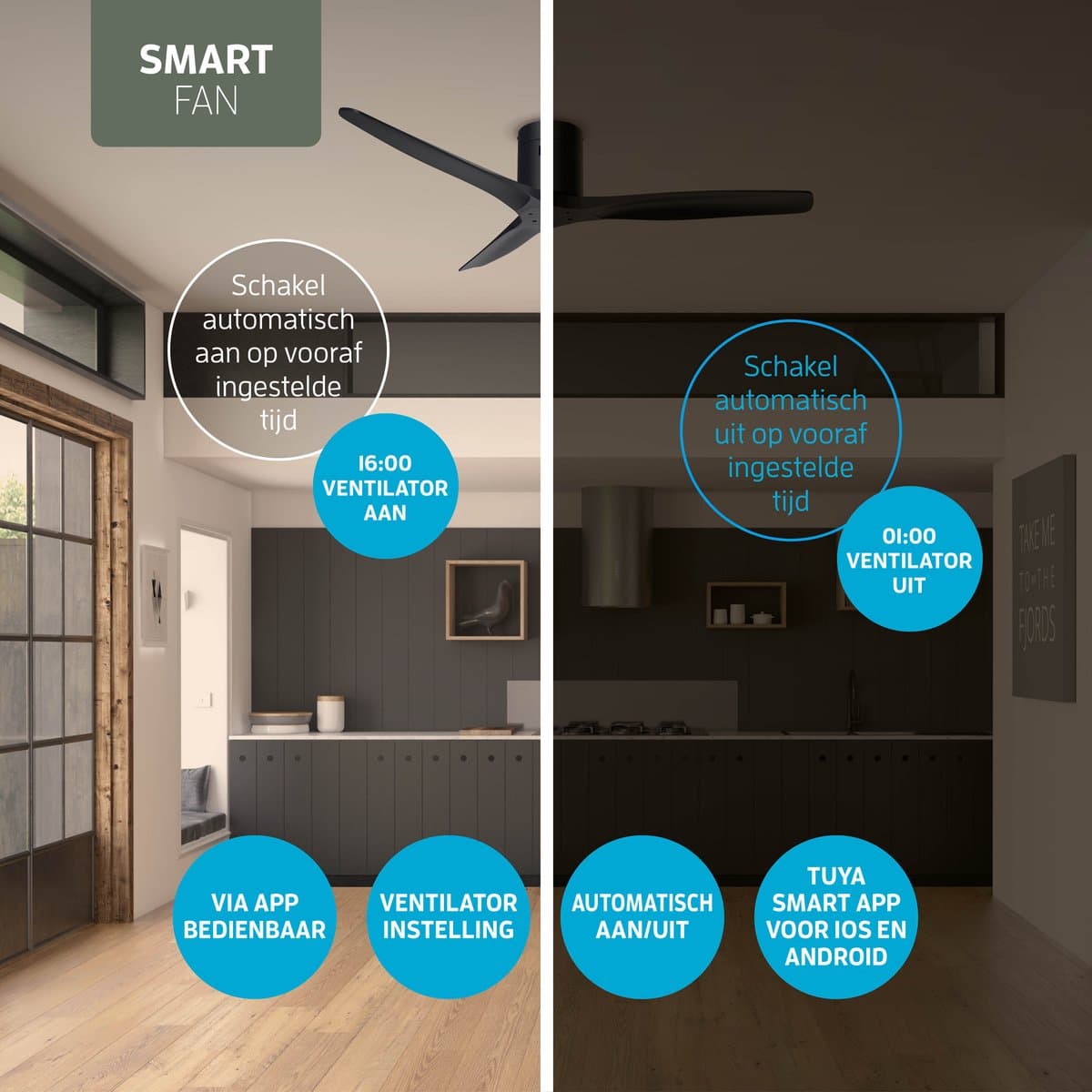 Varin® Smart Plafondventilator - Zwart - Tuya Wifi - Lange bladen - Ø 132cm - 6 snelheden - Super stil 20dB - Met afstandsbediening en gratis app - Ventilatorkachel - Ventilatoren plafond - Plafondventilator - Plafond ventilator slaapkamer thumbnail 4