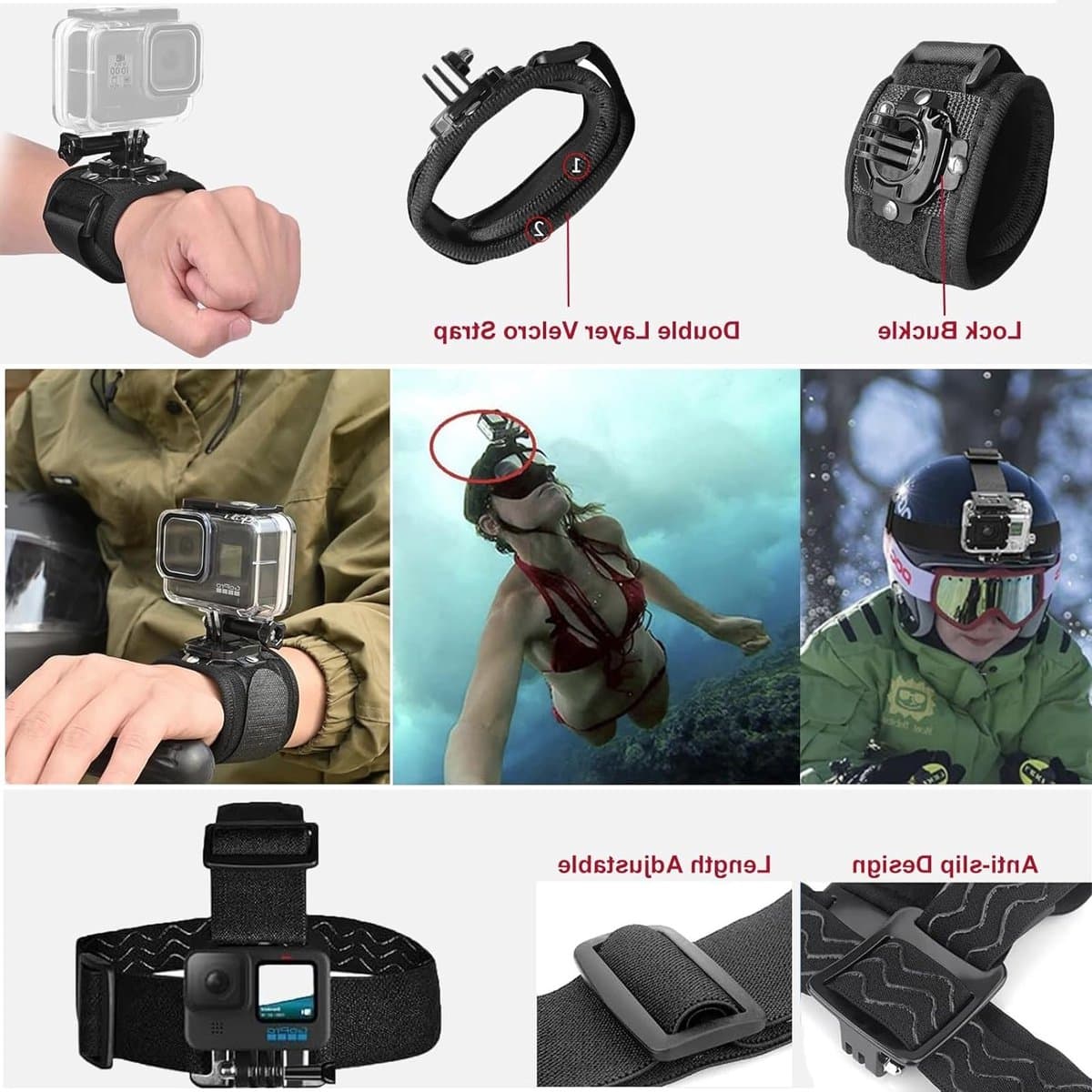 Complete Accessoire Set voor GoPro Hero 13, 12, 11, 10, 9 - Waterdichte Duikbehuizing, Drijvende Handgreep, Borstband, Hoofdband, Polsband, Fence Klem, Cap Klem, Rode Filter en Anti-fog Inserts voor Onderwateravonturen thumbnail 2
