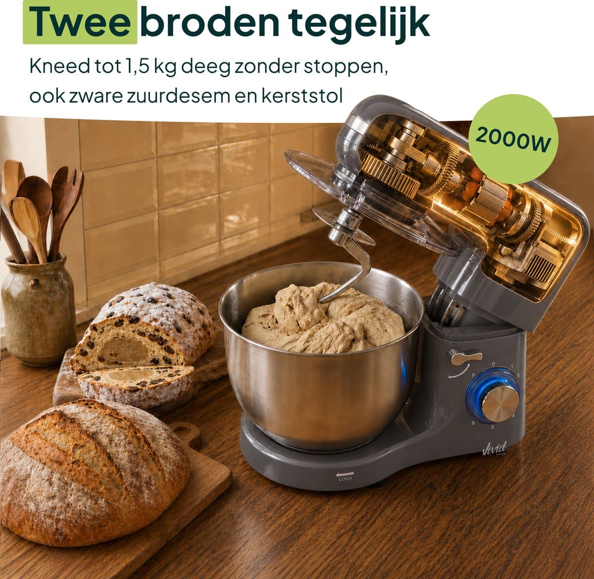 Vivid Green 2000W Keukenrobot - 6.2L - Display & Instelbare Timer - Mixer met Mengkom - Keukenmachine - Keukenmixer - Grijs thumbnail 4