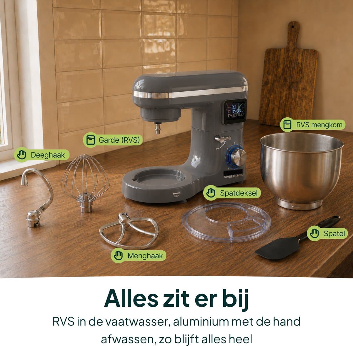 Vivid Green 2000W Keukenrobot - 6.2L - Display & Instelbare Timer - Mixer met Mengkom - Keukenmachine - Keukenmixer - Grijs thumbnail 7
