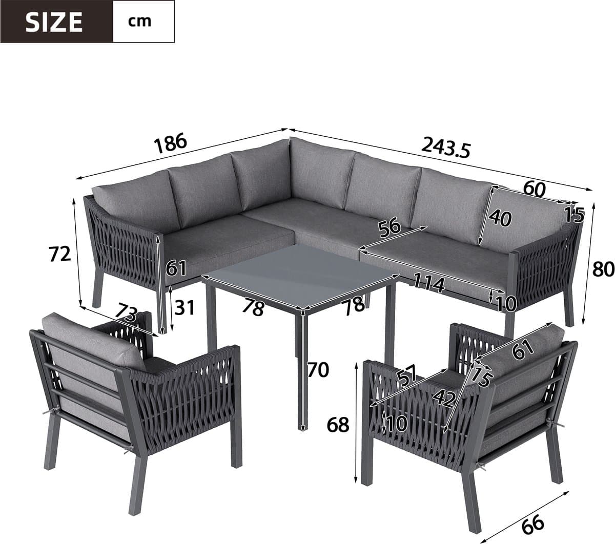BLACKCOLORS Tuin-eetset, tuinmeubelset, 8 personen, hoekopstelling, verzinkt ijzer, glazen tafelblad, handgeweven touwset, bestaande uit een eettafel, twee fauteuils en een hoekbank, grijs. thumbnail 3