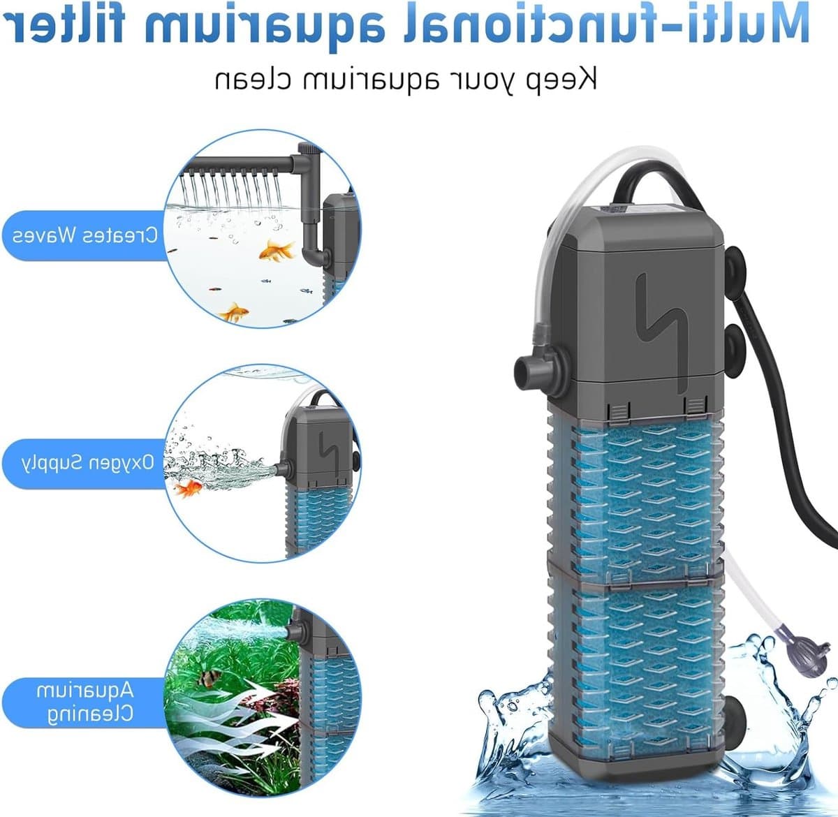 Verstelbare 800L/H Aquariumfilter Pomp - Stille Interne Filter voor Aquaria tot 250L met Spray Bar en Energiezuinige 9W Motor thumbnail 3