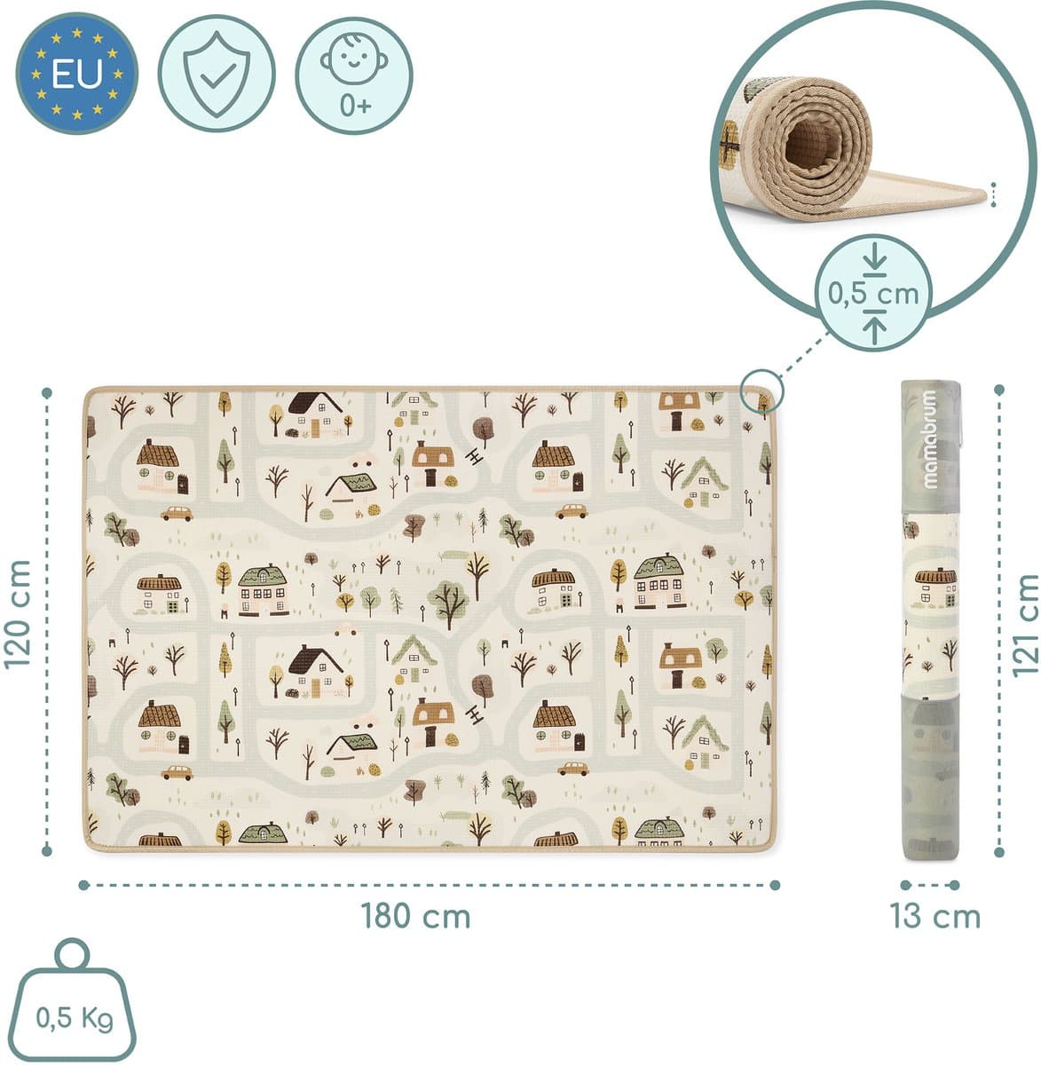 Mamabrum Dubbelzijdige Speelmat van Schuim 180x120 cm – XPE Speelkleed voor Baby’s en Kinderen – Stadje / Zandbeige thumbnail 6