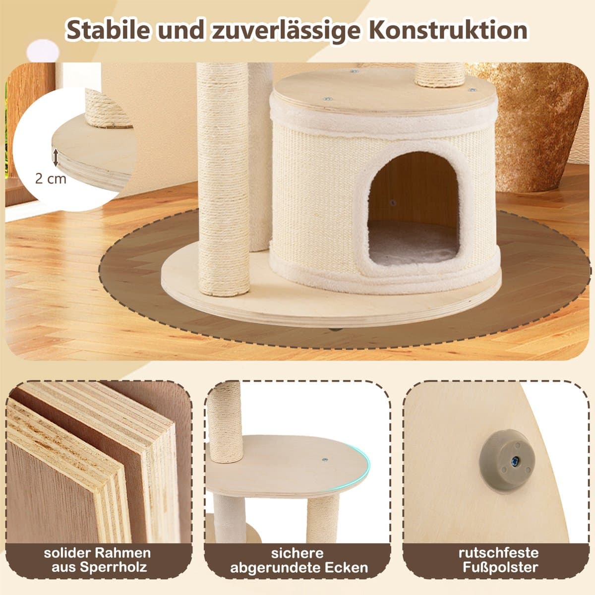 COSTWAY Krabpaal groot, kattenboom met 2 kattenholletjes, mand, sisal-krabpalen, speelbal & platform, kattenkrabpaal katten, kattenmeubel, klimboom, activiteitsboom, hout, natuur, 152 cm hoog thumbnail 2