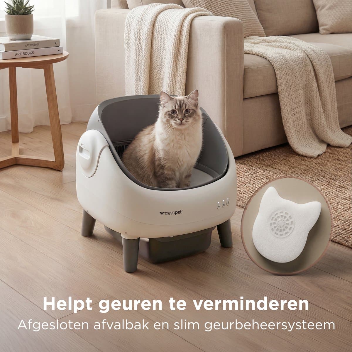TrevoPet® Air - Automatische Kattenbak met App - Zelfreinigend & Veilig - Voor Katten tot 12KG - Incl. Mat, 60 Afvalzakjes & Accessoires - 10L Afvalbak - Wit & Grijs thumbnail 8