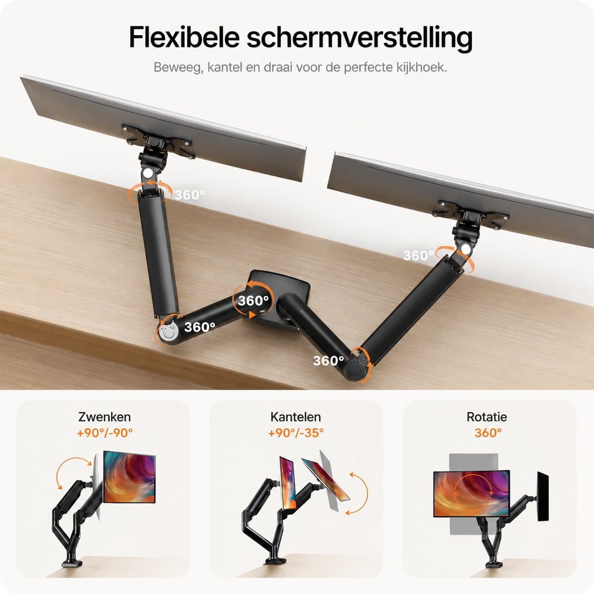 Sounix Dubbele Monitor arm - Monitor Beugel voor 13-32 Inch - Verstelbaar - Universeel - Zwart - S718 thumbnail 6