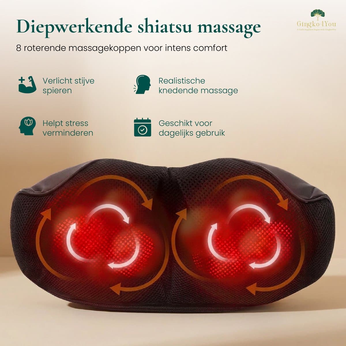 Gingko® Zen Shiatsu Massagekussen - Nekmassage Apparaat Draadloos - Infrarood Warmtefunctie - Elektrisch - Rugmassage Apparaten voor Nek, Schouder, benen, voeten, buik - 8 Massagekoppen met Infrarood - 1,5 uur gebruik - Luxe Opbergtas - Zwart/Grijs thumbnail 8