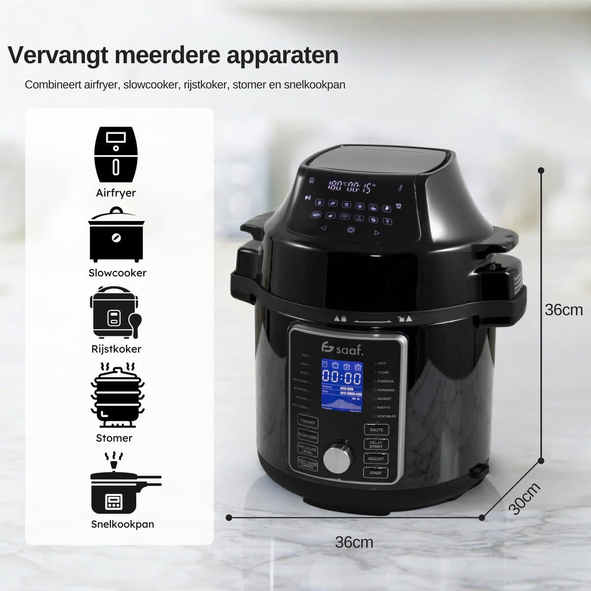 Multicooker Airfryer - 5.8L - PFAS vrij - Slowcooker met timer - Rijstkoker met stomer - Airfryer - Stomer - Snelkookpan - Saaf thumbnail 2