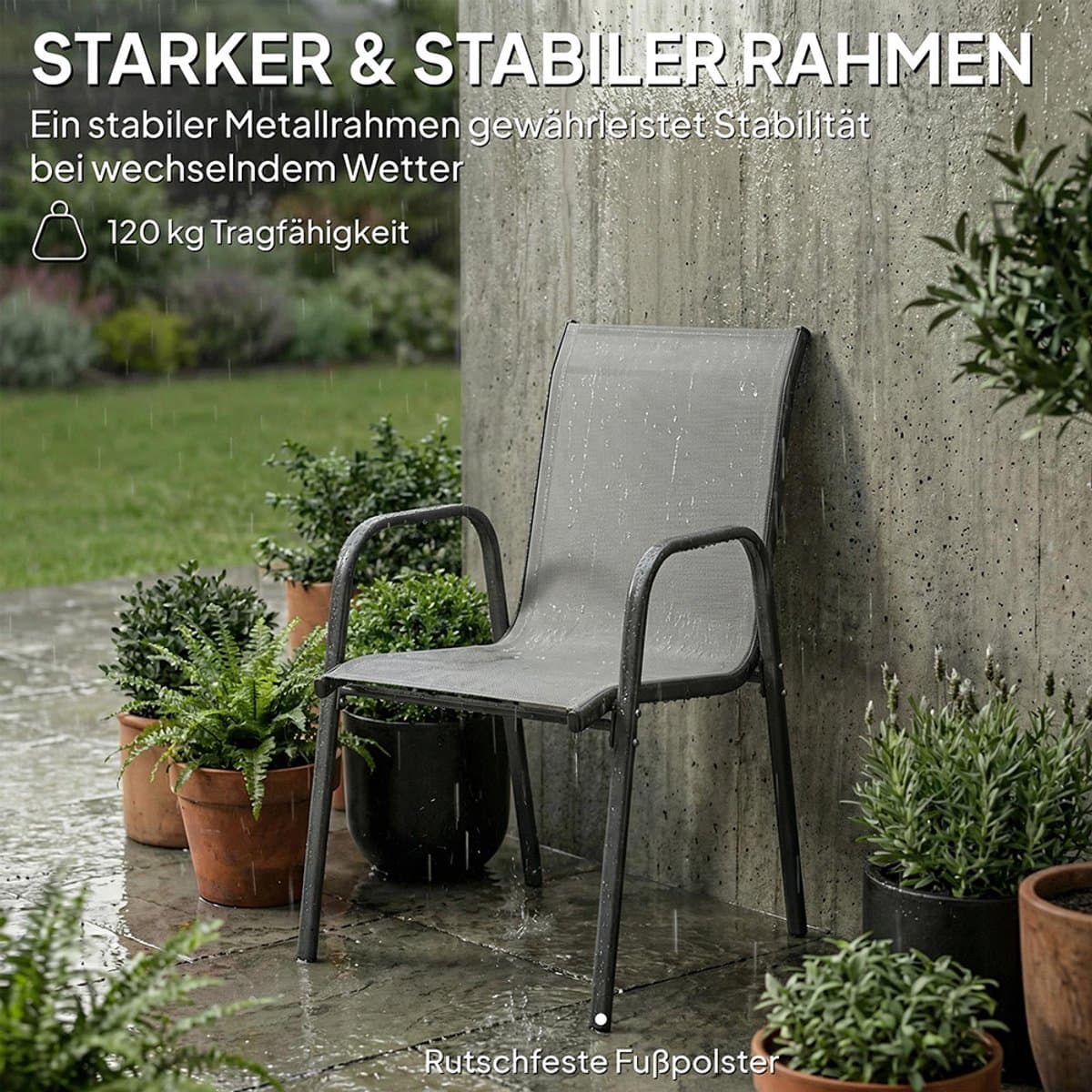 Pugsdrly Tuinstoelen, set van 4 stapelbare terrasstoelen met ademende rugleuning, armleuningen, draagvermogen 120 kg thumbnail 5
