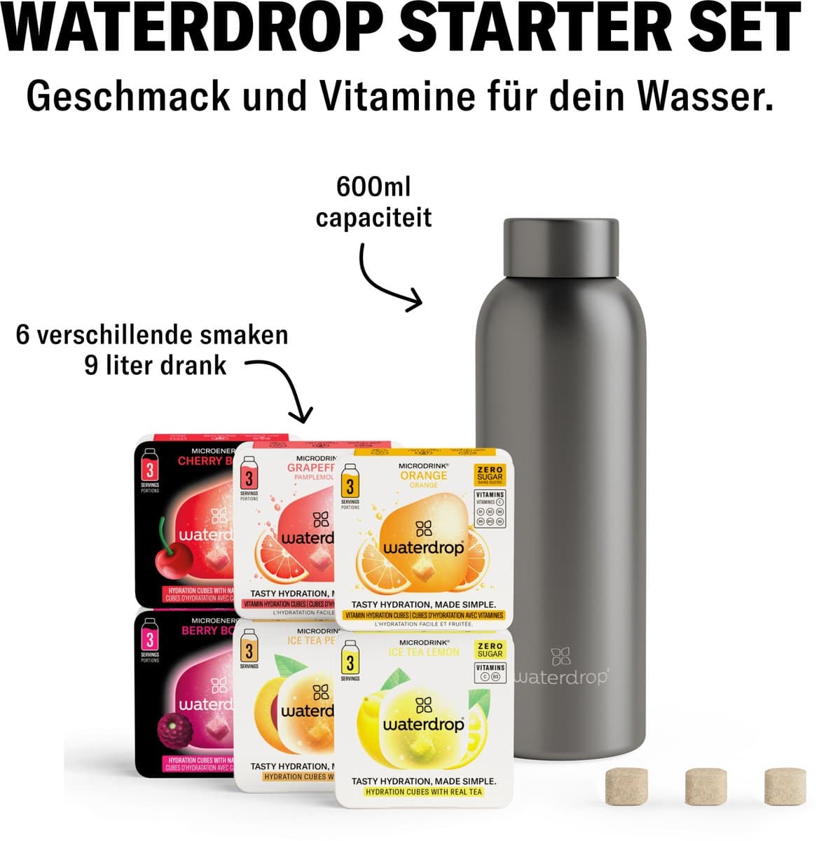 waterdrop® Starterset Metalen - Charcoal -Metalen Thermosfles 600ml + 18 Microdrink Bruistabletten – Geïsoleerde Drinkfles RVS, Lekvrij, BPA-vrij, Voor Sport, Werk, Reizen, School – Hydratatie Set, Cadeau Idee thumbnail 6