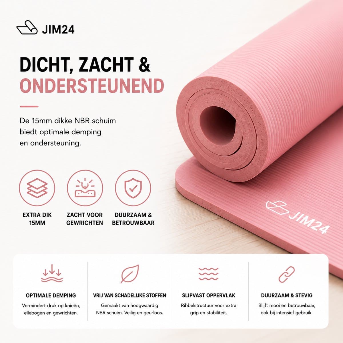 Jim24 Yoga Mat - Yogamat Extra Dik - 15 mm - Fitness Mat - Sport Mat - Antislip - Slijtvast - Incl. Draagtas - DonkerZalm thumbnail 4