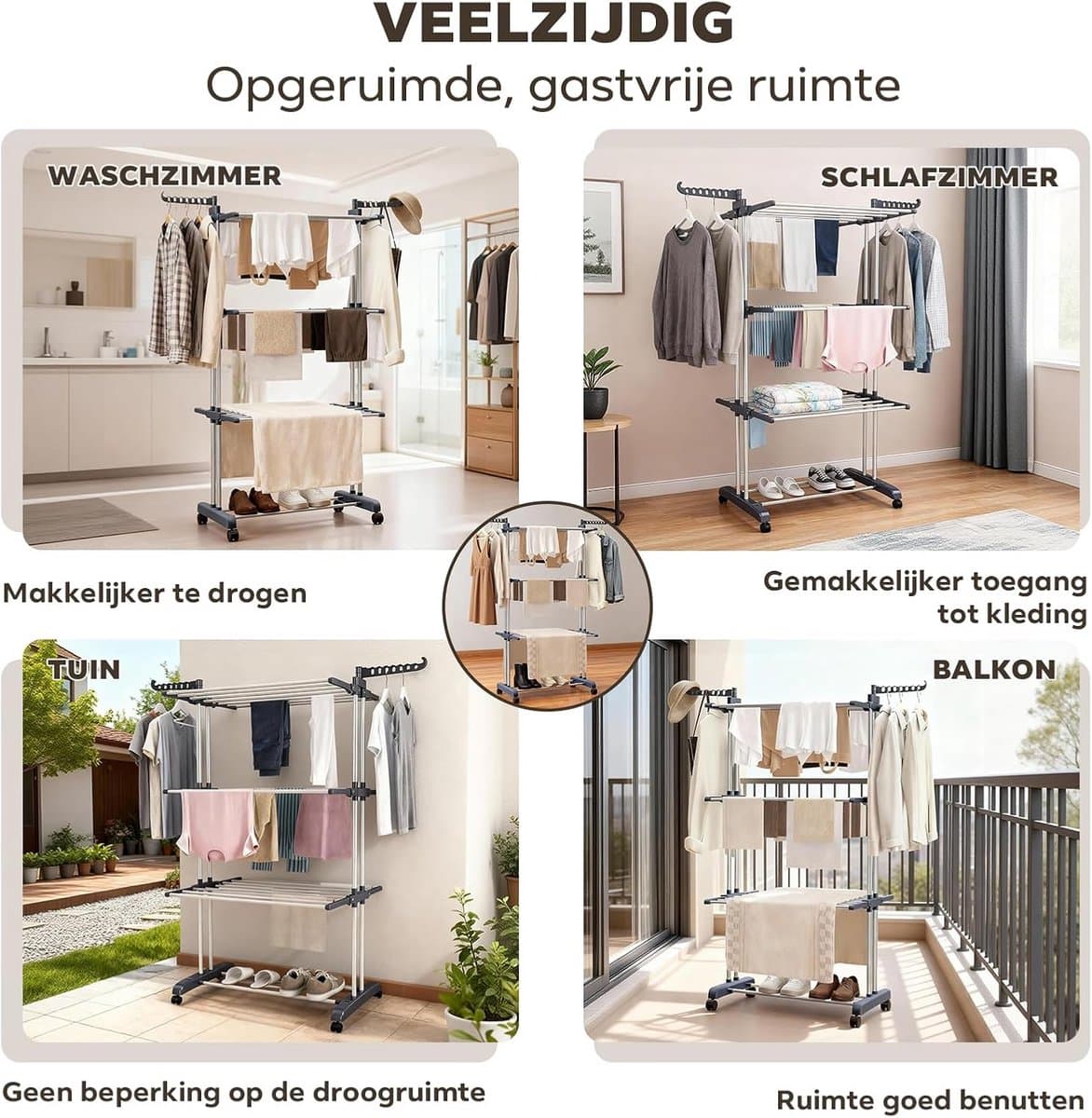 Wasrek Toren - Droogrek Vloer - Kleding Drogen - 4 Lagen Stabiliteit - 76x50x172cm - Grijs thumbnail 6