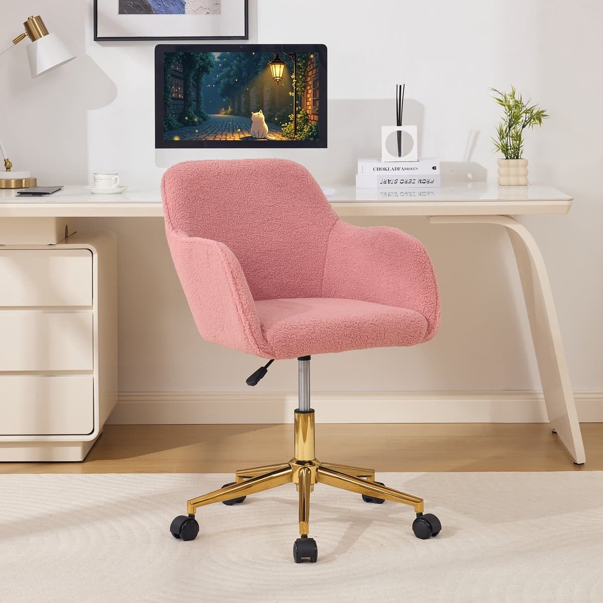 MIVRAY Bureaustoel - Verstelbaar 360 Graden Draaibaar Met Zachte - Voor Thuiswerk En Kantoor - 58 x 58 x 86 cm - Teddy Bekleding - Roze