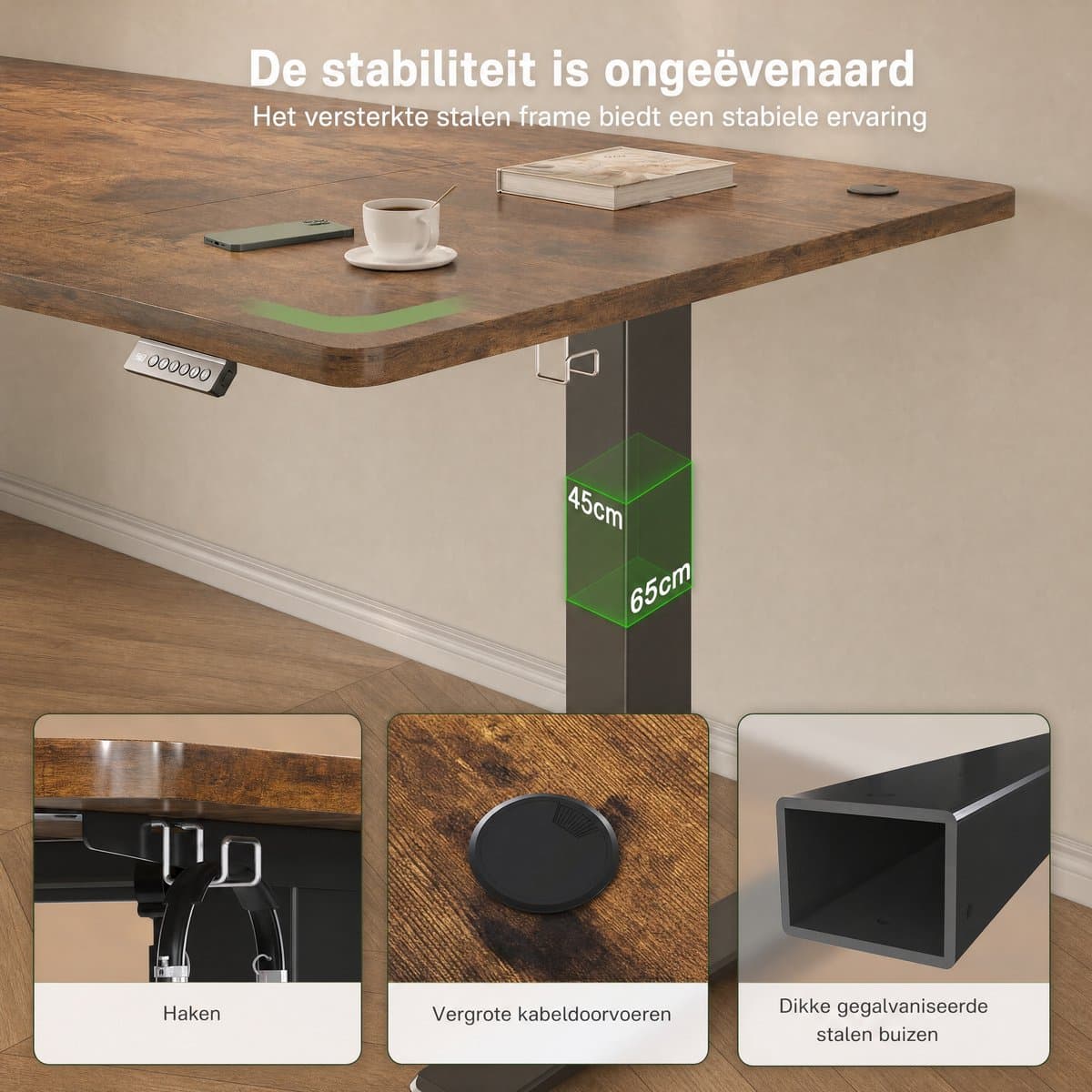 Devoko Zit-Sta Bureau 140x60 cm - Elektrisch Verstelbaar Bureau - Digitaal Display - Zit-Alarm - 2 Geheugenstanden - Bruin thumbnail 3