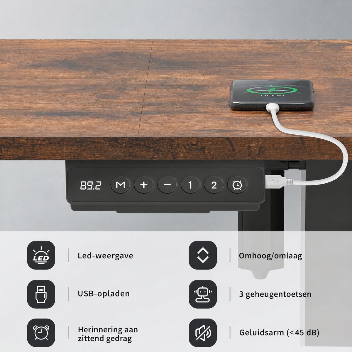 Devoko Zit-Sta Bureau 140x60 cm - Elektrisch Verstelbaar Bureau - Digitaal Display - Zit-Alarm - 2 Geheugenstanden - Bruin thumbnail 6