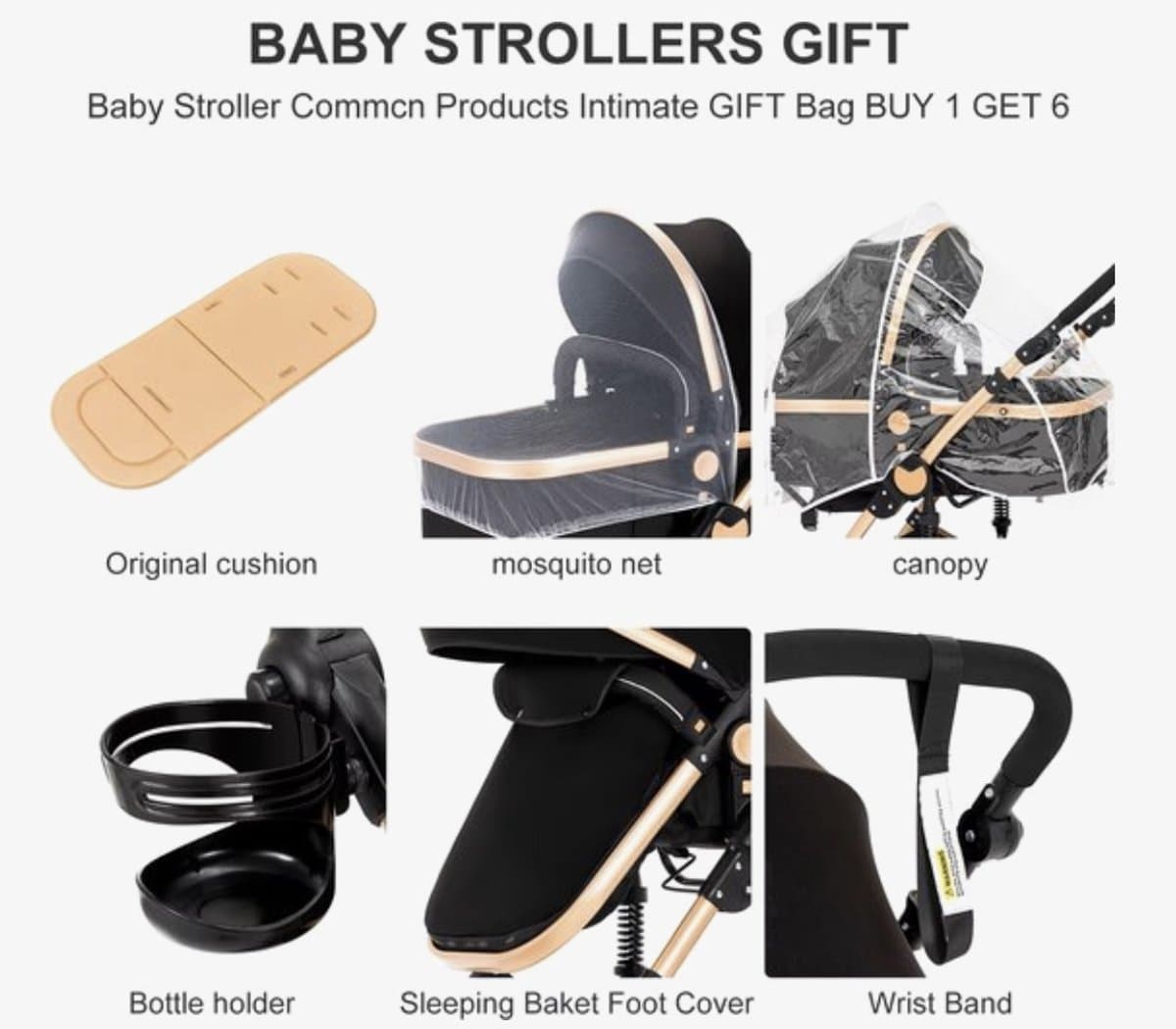 Luxe 3-in-1 Kinderwagen - Autostoeltje - Buggy - Reiswieg - Inklapbaar - 0-36 Maanden - Zwart/Goud thumbnail 4