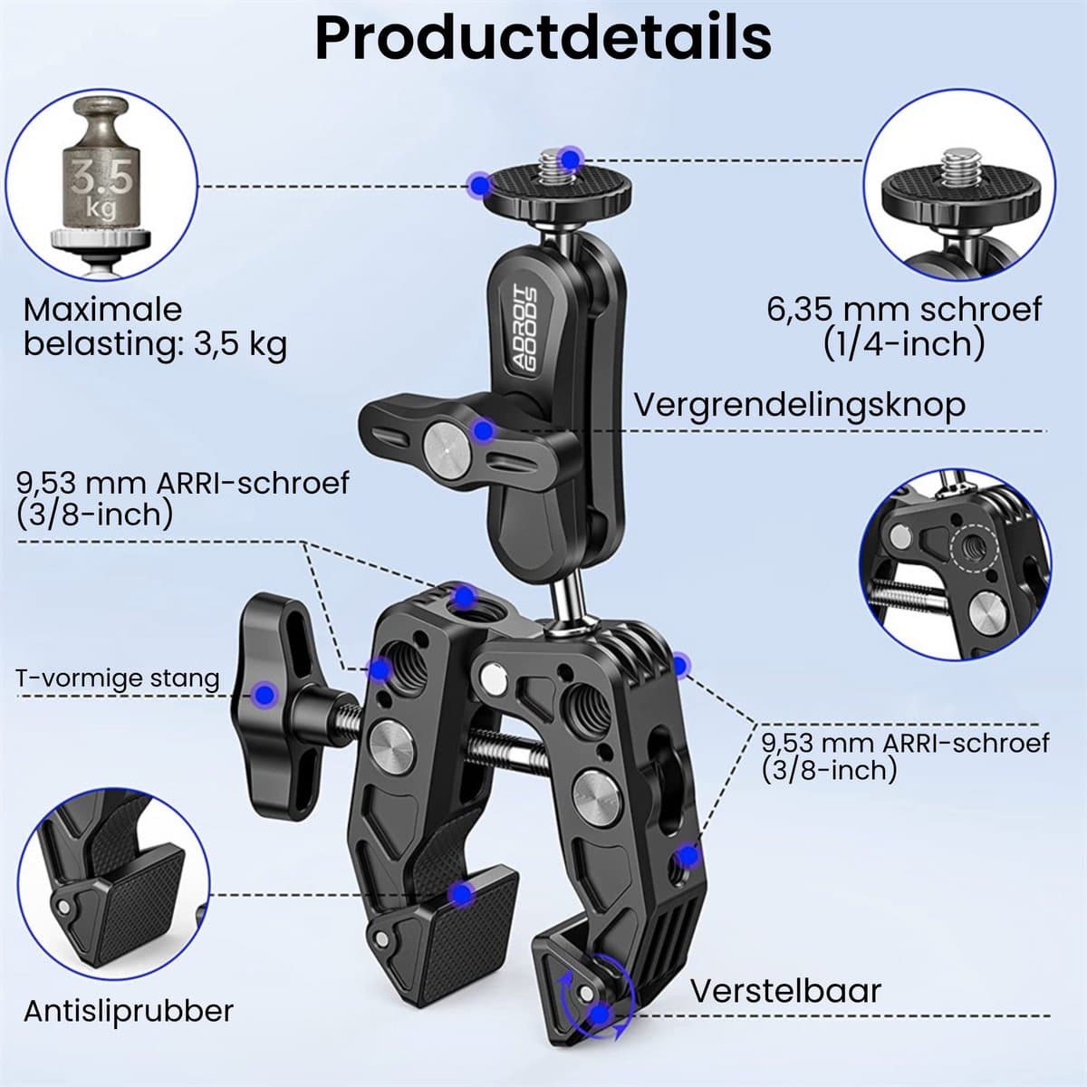 AdroitGoods Super Clamp Cameraklem – 360° Magic Arm met Dubbele Kogelkop & 1/4"- en 3/8"-Schroefdraad voor DSLR, LED-verlichting, Ronin & MOVI thumbnail 5