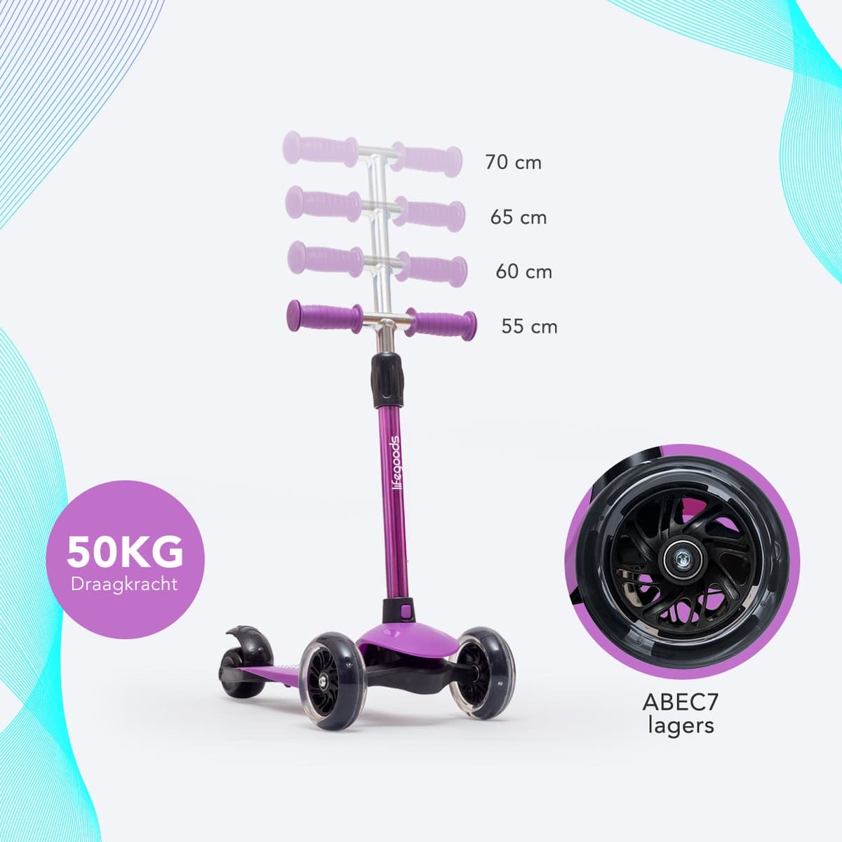 LifeGoods Kinderstep - Step 2-5 Jaar - 3 Lichtgevende LED Wielen - Hoogte Verstelbaar - Jongens/Meisjes - Paars thumbnail 4