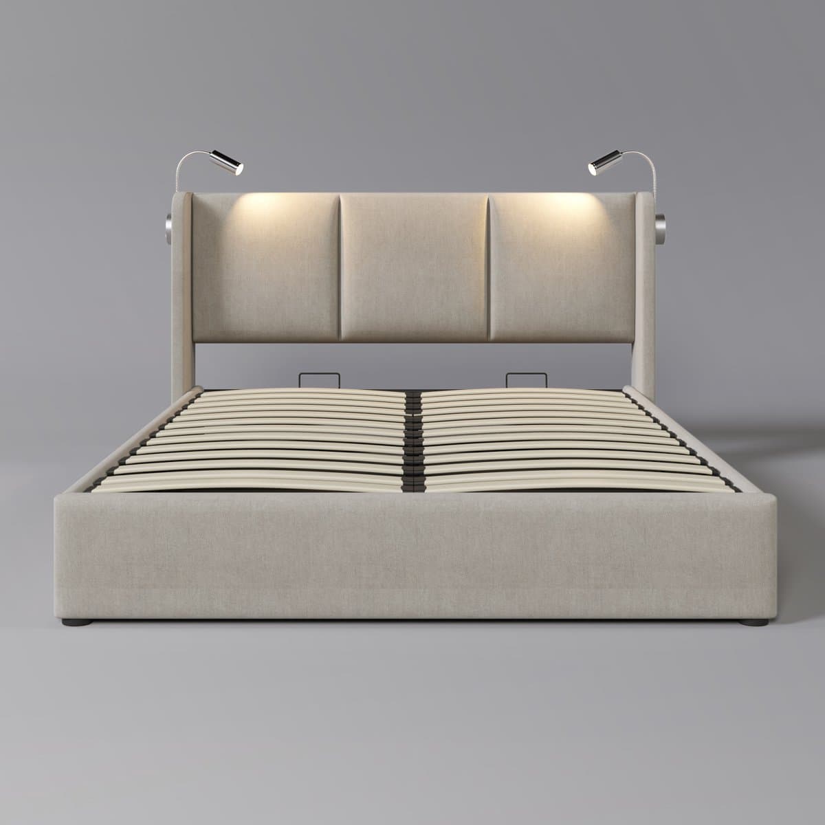 Opbergbed 160x200 cm in Beige met hydraulische functie & 2 Leeslampen – Modern Tweepersoonsbed met Opbergruimte thumbnail 8