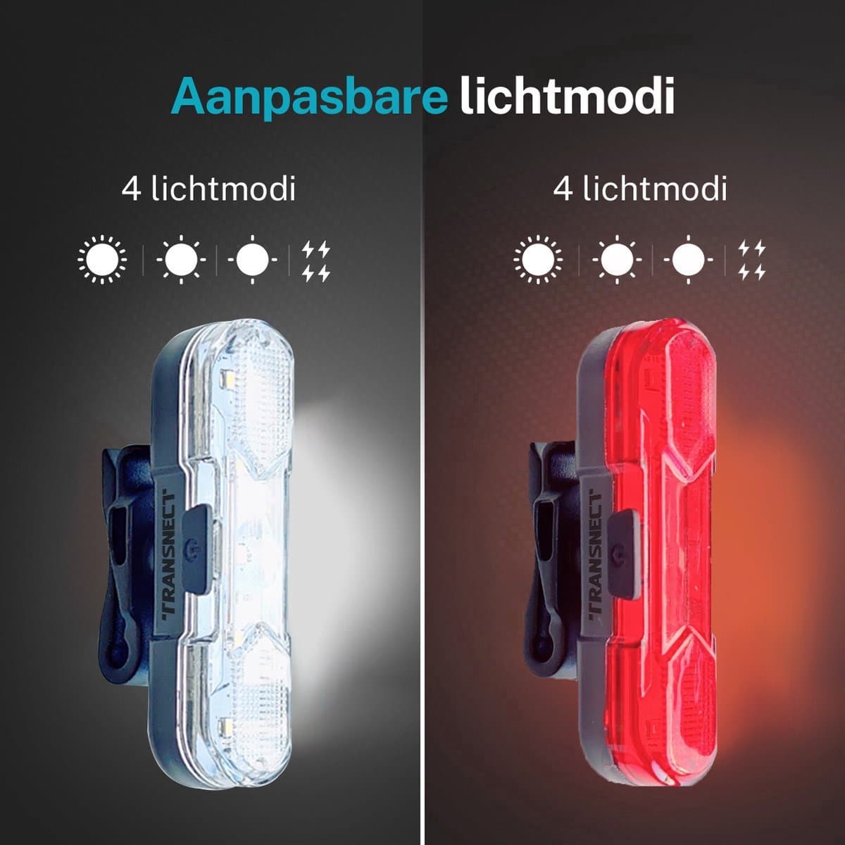 TRANSNECT® - Fietsverlichting LED set - Fietslampjes voor en achter licht - 6 lichtstanden - USB oplaadbaar - Draagbaar - Waterdicht thumbnail 3