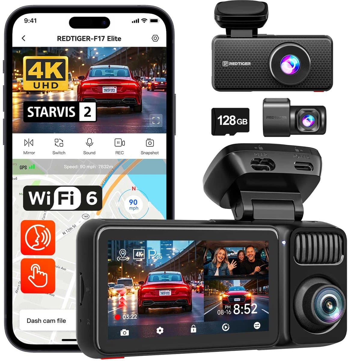 RedTiger F17 Elite 4K 128gb night vision dashcam - 4K + 2x Full HD resolutie met Sony Starvis 2 sensoren – Interieur camera - 128gb Micro SD kaart - 3,0 inch touchscreen Lcd - Wifi en Gps - Parkeerbewaking - G-sensor - Loop recording