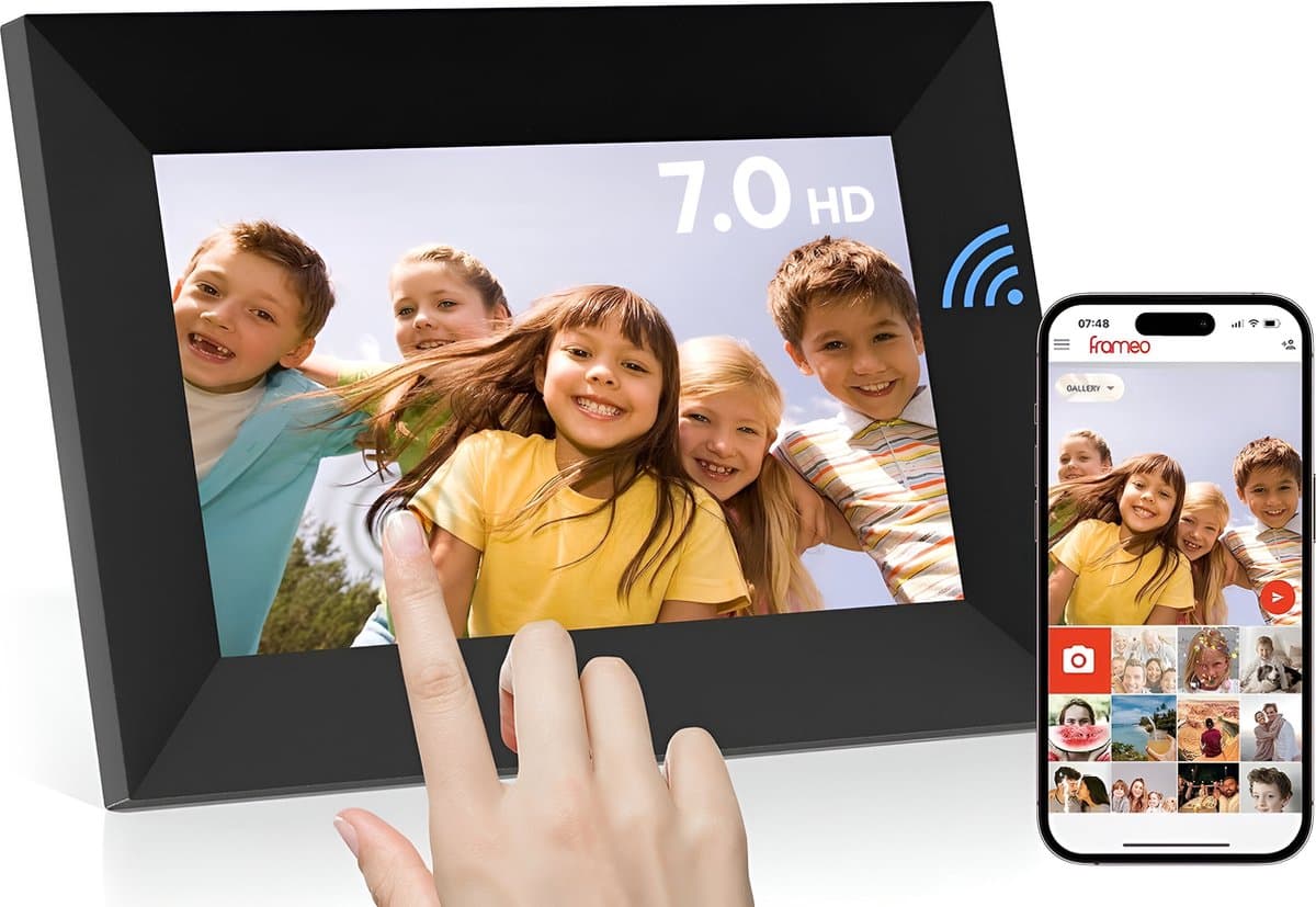 Digitale fotolijst met WiFi en Frameo App - 7 inch IPS Display - Fotokader met Touchscreen - 32GB - Zwart - Frameo digitale fotolijst - digitale fotokader - digitaal fotolijstje - afbeelding 1