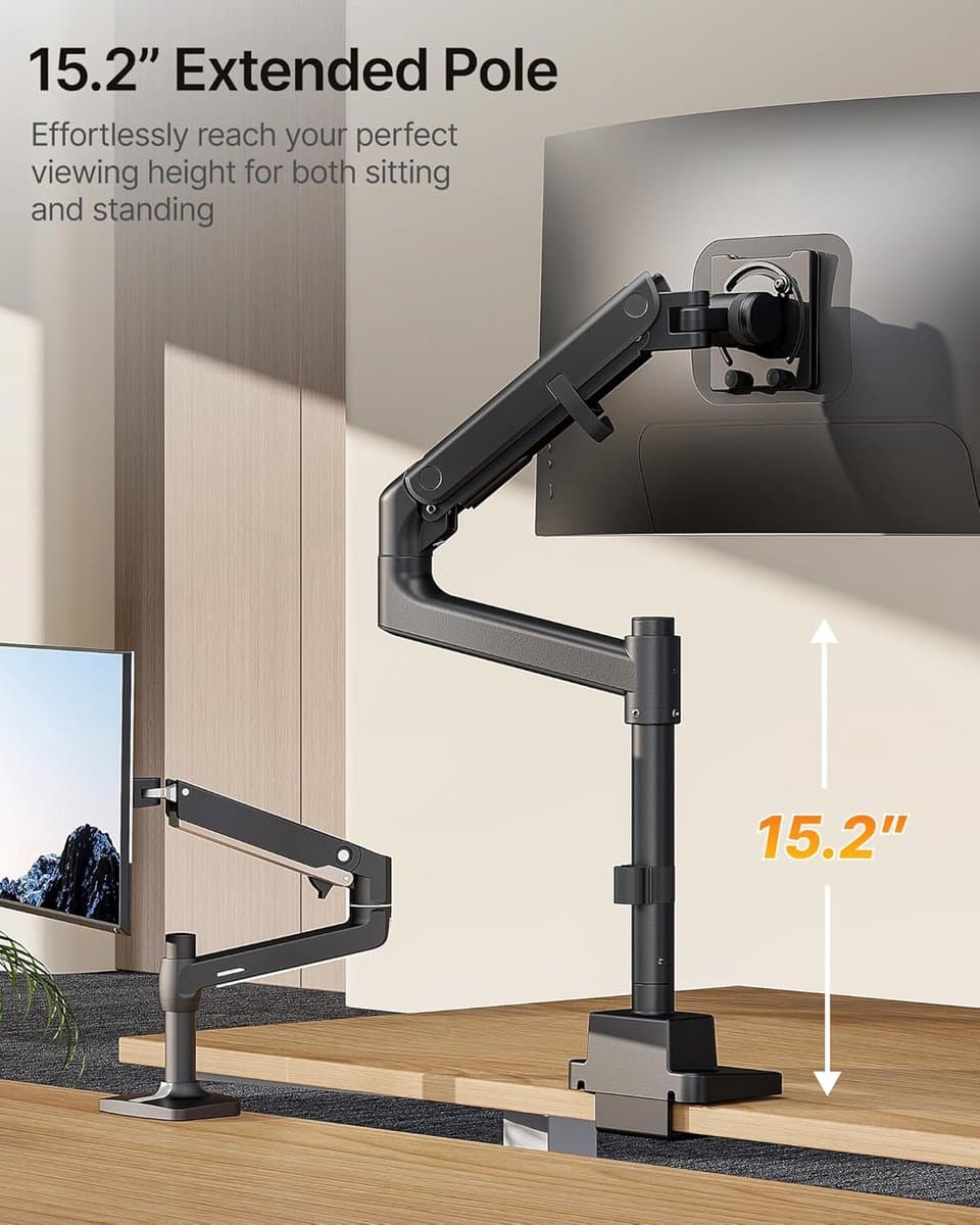 Zware Enkele Monitorarm voor Grote Schermen tot 57 inch en 27 KG, Gasveer Verstelbare Monitorstandaard thumbnail 4