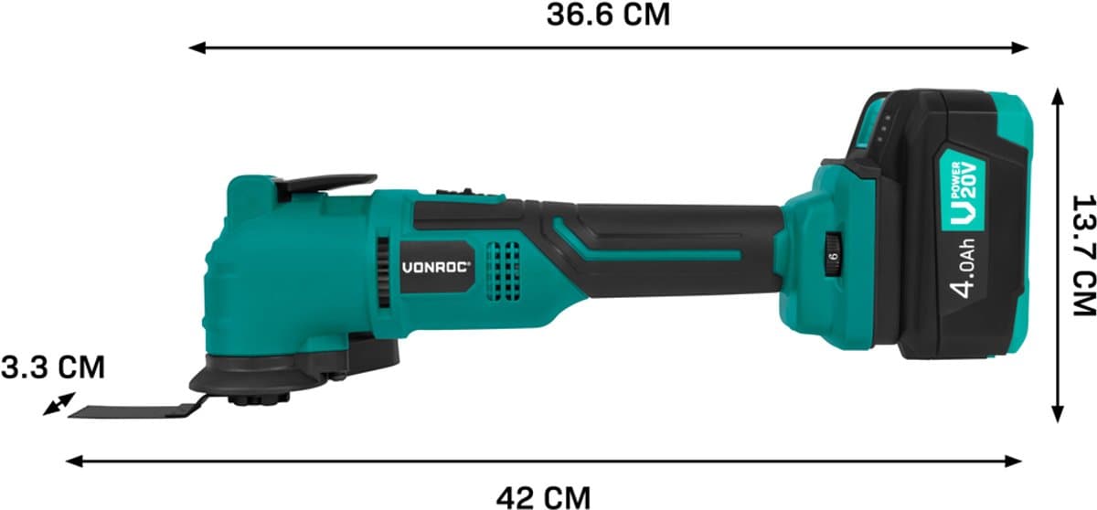 VONROC Accu Multitool 20V - met schraapmes, invalzaagblad, schuurzool en schuurpapier - 6 snel-heden: 7.000 - 19.000 rpm - Incl. 4.0Ah accu en snellader thumbnail 5