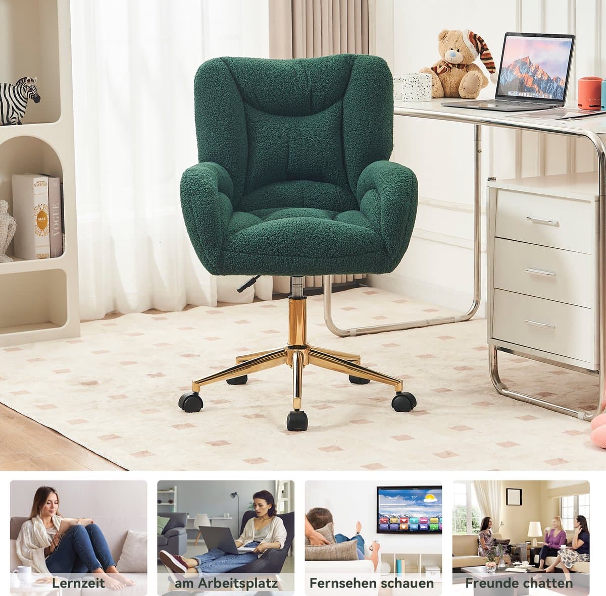 STILVORA Bureaustoel – Draaibare Kantoorstoel – Hoogteverstelbaar Met Gouden Poten – Ergonomische Comfortabele Zitting Voor Home-Office En Thuiswerk – Teddy Stof – Groen thumbnail 5