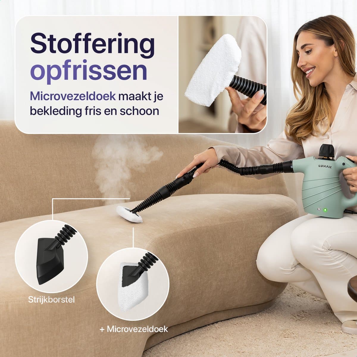 LUMAN 16 in 1 Stoomreiniger C1 - Handstoomreiniger - Handstomer - Vlekkenreiniger - Tapijtreiniger - Incl. Opbergtas en 16 Opzetstukken - 1050 Watt - 450 ML - Groen thumbnail 3