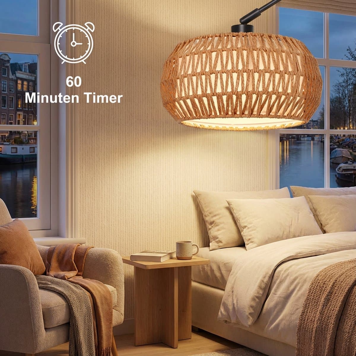 MUPOO Rotan Vloerlamp - Boho Leeslamp Woonkamer - E27 Staande lamp - met afstandsbediening - Stoffen Lampenkap - Dimbaar - 185cm - voor gebruik in slaapkamers thumbnail 7