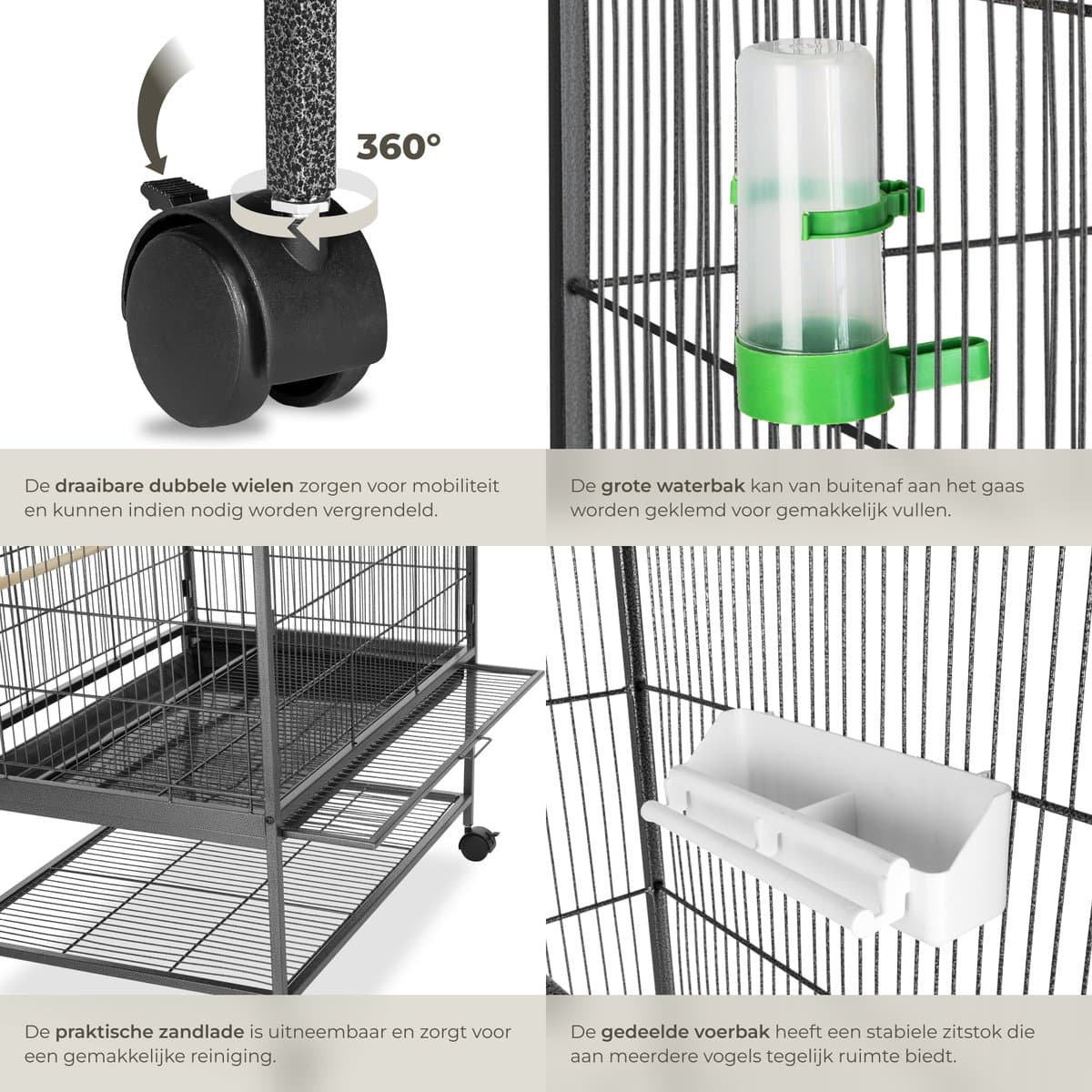 tectake® Vogelkooi - 78 x 52 x 131 cm - Vogelkooien voor Binnen - Met Standaard op Wielen - Voor Vogels, Parkiet, Kanarie - Volière met 3 Zitstokken, Zandlade en Waterbak thumbnail 6
