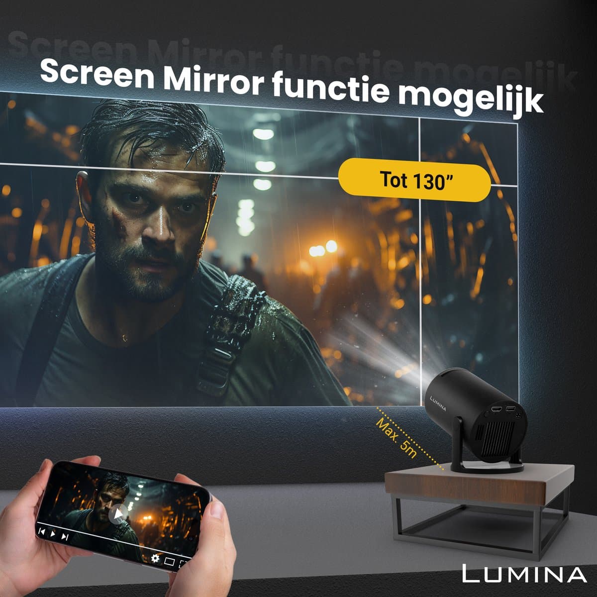Lumina® Pro Mini Beamer 2026 – Android 14 Smart Projector met Google Playstore – Thuisbioscoop – Voor iOS & Android – WiFi 6 & Bluetooth 5.4 – Zwart thumbnail 4