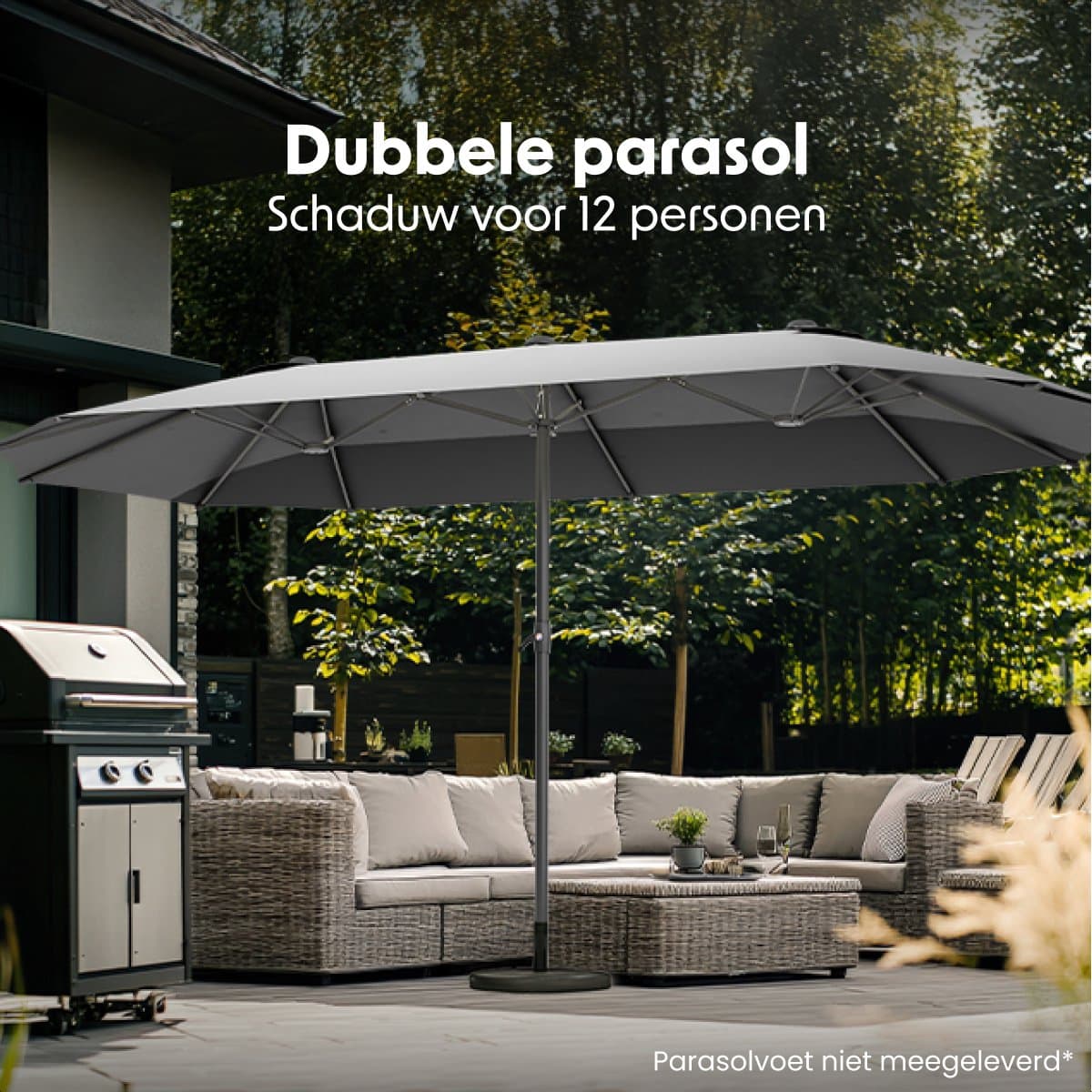 LifeGoods Dubbele Parasol - Tuin - 270x460cm - tot 15 Personen - Waterdicht - UPF50+ - Donkergrijs thumbnail 2