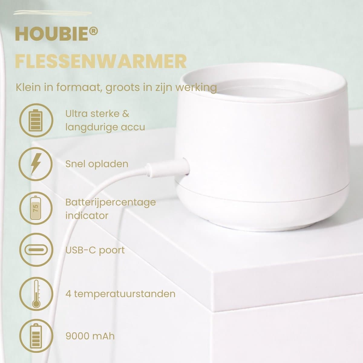 HOUBIE® Baby - Flessenwarmer onderweg - Draagbare flessenwarmer - Flessenwarmer draadloos - 4 Temperatuurniveaus - Draadloos - Inclusief 4 Adapters - USB Oplaadbaar - 9000 mAh - Wit thumbnail 4