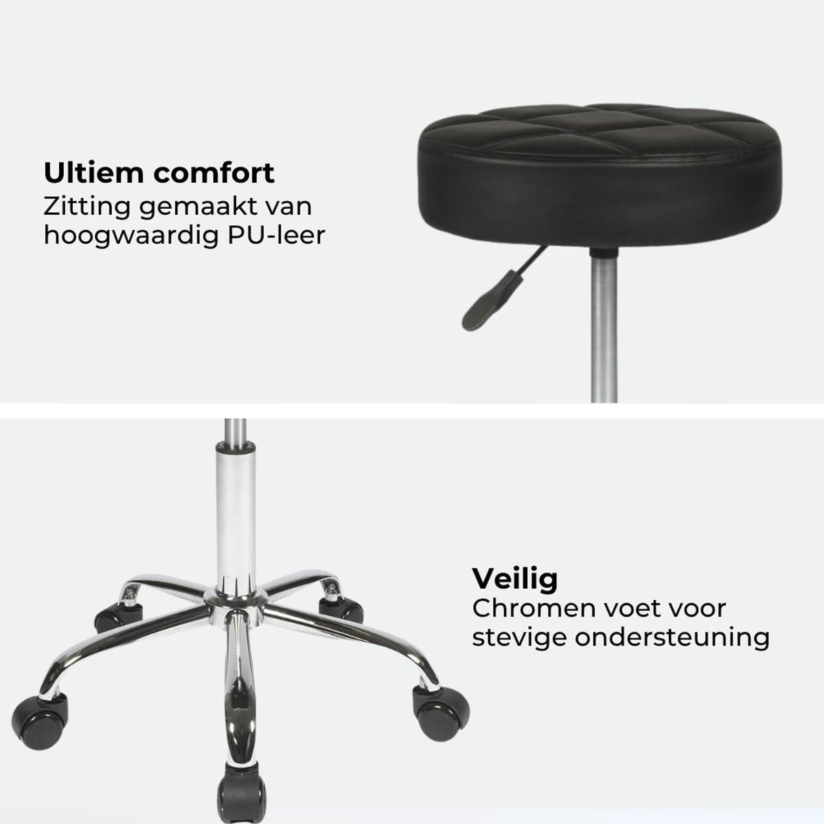 Dunimed Luxe Tabouret - Werkkruk met Wielen - Ergonomische Kruk - Kapperskruk - In Hoogte Verstelbaar - Zwart thumbnail 3