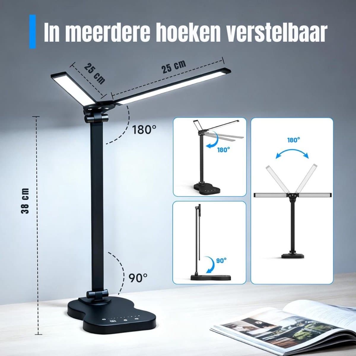 DnA® Bureaulamp LED - Burolamp - Bureaulamp Met Klem - Bureaulamp Kind - Bureaulamp LED Dimbaar - Zwart - 38cm x 4cm x 12cm thumbnail 2