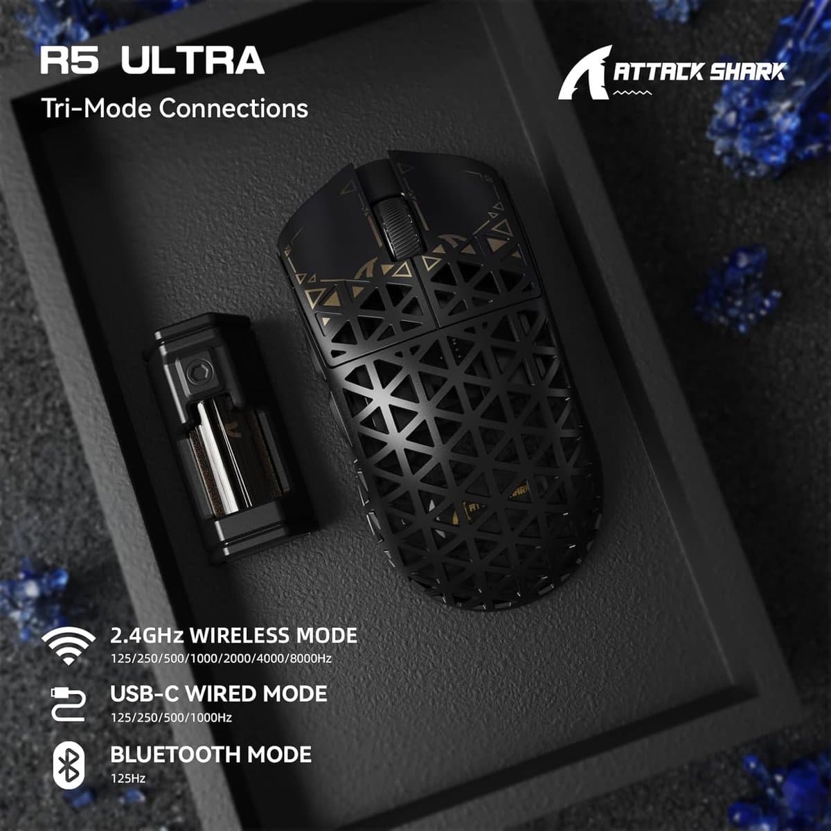 ATTACK SHARK R5 Ultra - Gamingmuis - Koolstofvezel Behuizing - 39g Ultralicht - HyperSpeed Draadloos - 2.4G / Bluetooth / USB-C Bedraad - PAW3950MAX Sensor - 8000Hz Pollingsnelheid - 42.000 DPI - Windows & Mac - Zwart thumbnail 5