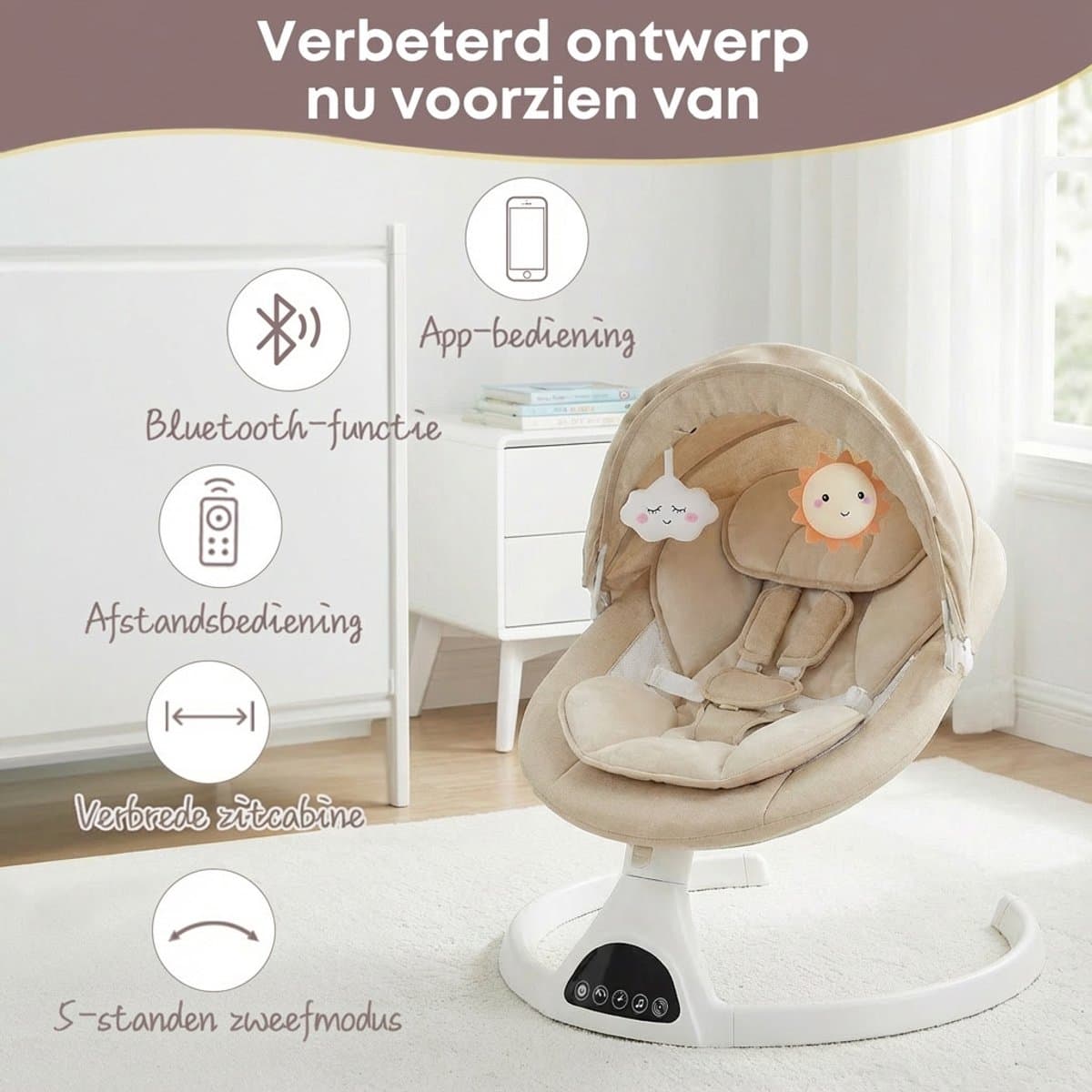 3Babies® Baby Swing – Elektrisch Wipstoel – Babyschommel – Elektrische Schommelstoel baby – Verstelbaar – Wasbare Bekleding – Afstandsbediening en App – Beige thumbnail 3